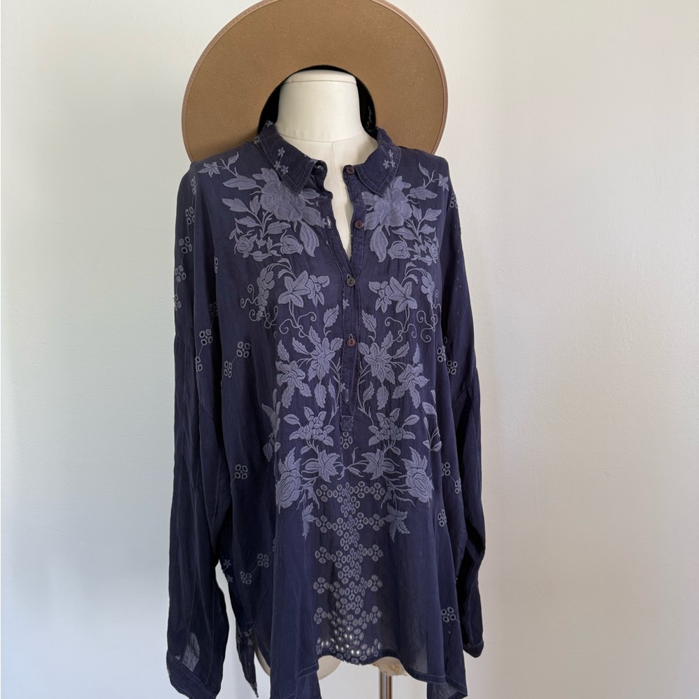 Johnny Was Deep Blue Embroidered Blouse